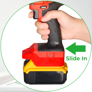 Hand holding a tool for Bauer 20V, sliding a battery for DeWalt 20V MAX into the tool with adapter.