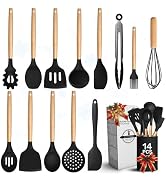 14 PCs Black Silicone Cooking Utensils Set with Holder - Versatile Kitchen Utensils with Sturdy W...
