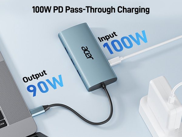 Text reads '100W PD Pass-Through Charging' and '90W'. Product images showing gray charging adapter with input/output ports and connecting cable.