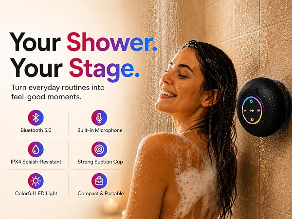 Water-resistant Bluetooth shower speaker LED light, portable desig for bathroom music.