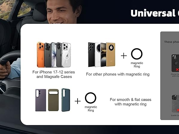 Mag Safe car mount compatible with iPhone 17-12. Universal magnetic car phone holder.