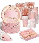AIRE 175PCS Pink Rose Gold Plates Party Supplies Severs 25 Guests Disposable Party Decorations, P...