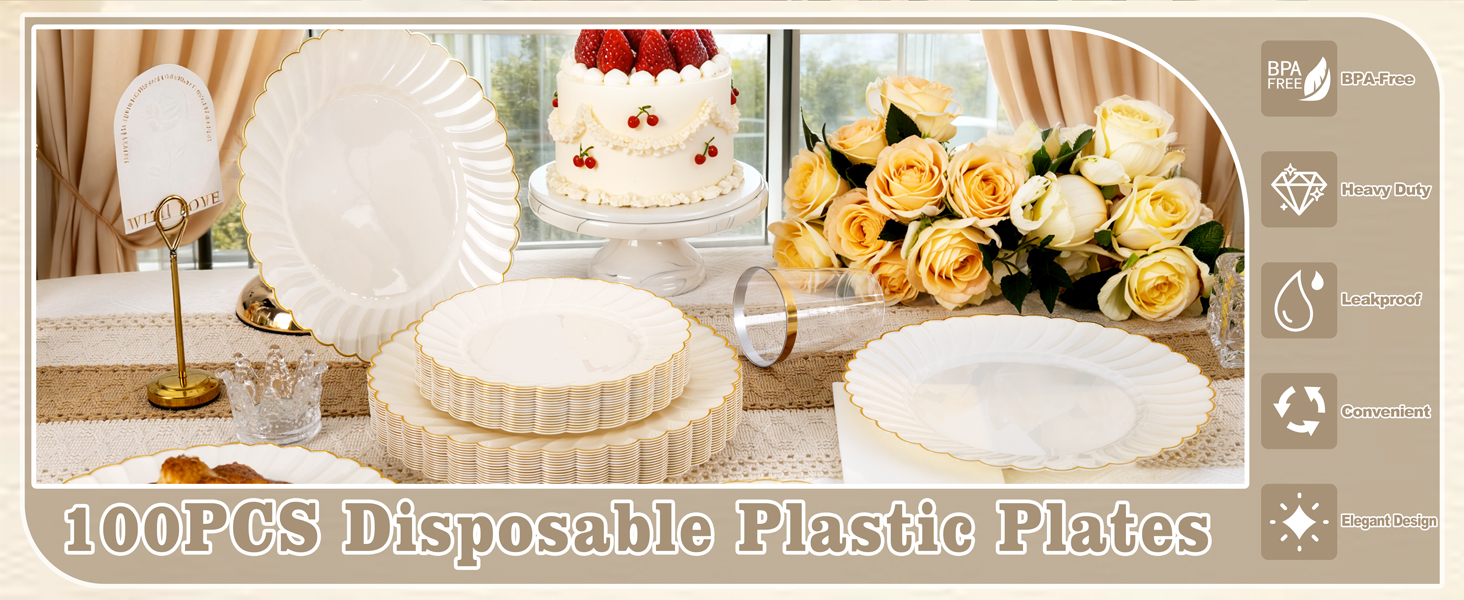 100 Pack Ivory Scalloped Plastic Plates - 7.25 Inch/10.25 Inch Gold Disposable Plates with Gold Rim