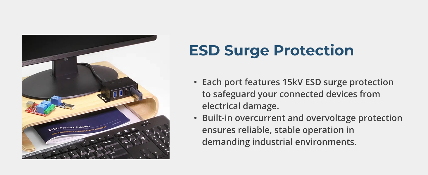 Desk-mounted powered USB hub with ESD surge protection, safeguarding connected computer accessories