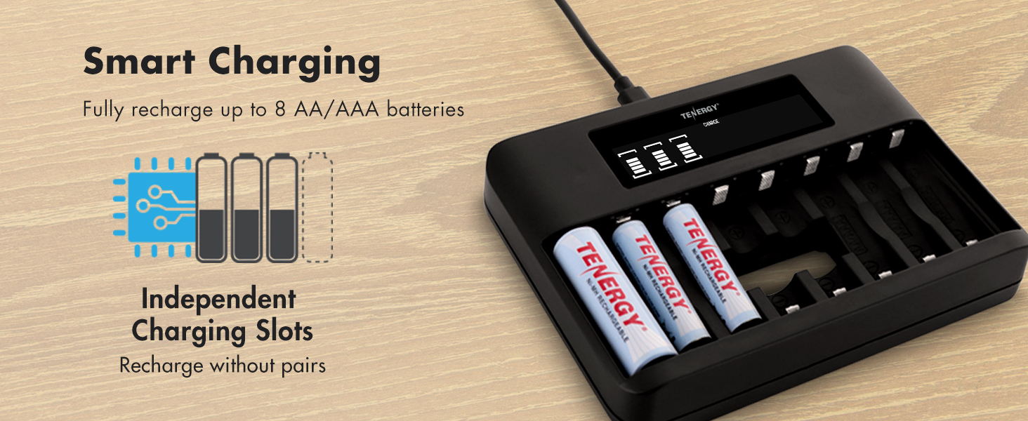 Fully recharge any odd number of batteries, up to 8 AA or AAA batteries, at the same time
