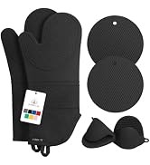 Rorecay Extra Long Oven Mitts and Pot Holders Sets: Heat Resistant Silicone Mittens with Mini Glo...