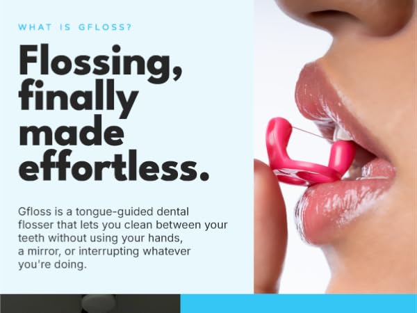 Close up of womans mouth using Gfloss between her front teeth.
