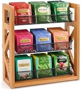HULISEN 3 Tier Tea Bag Organizer for 120 Tea Bags, Tea Bag Holder with Removable Basket, Wood Sta...