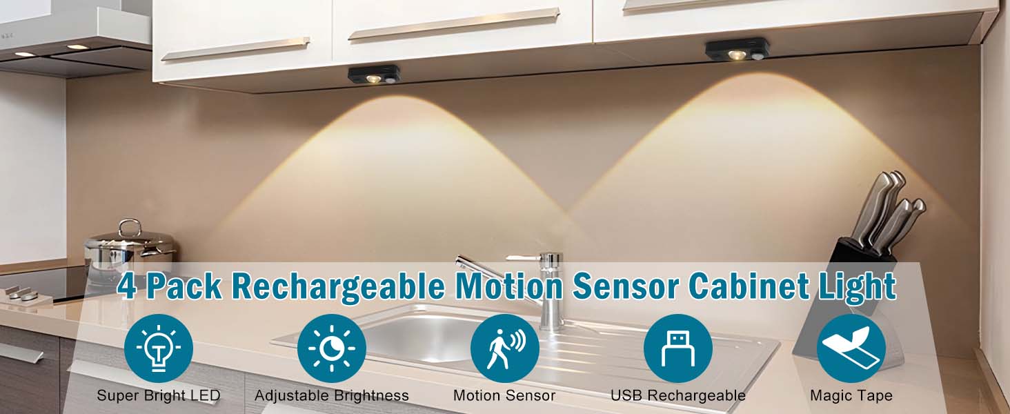 4 Pack Rechargeable Motion Sensor Cabinet Light