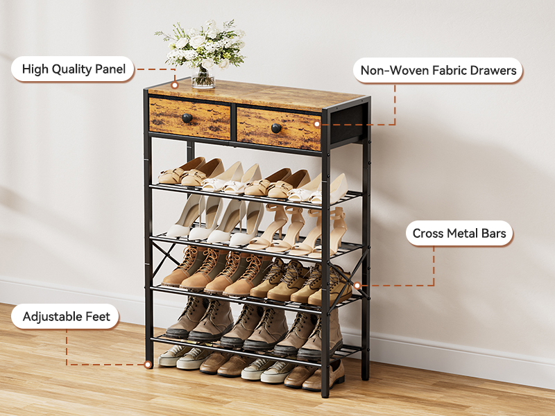 5 Tier Shoe Rack for Entryway, Shoe Storage Organizer with 2 Drawers, Metal Shoe Shelf