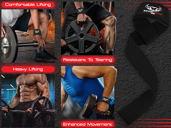Collage of fitness images showcasing weight lifting gloves. Features include comfortable lining, resistance to tearing, heavy lifting capability, and enhanced movement for various exercises.