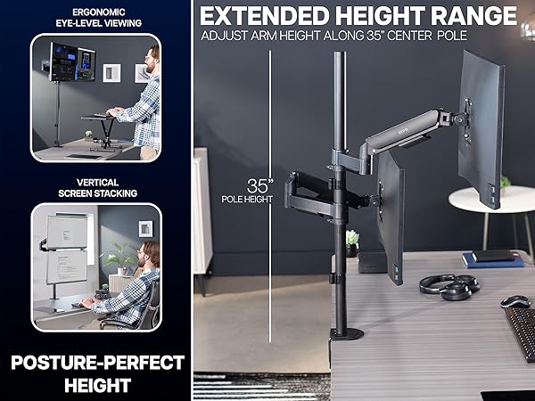 dual monitor stand vertical stack desk mount gas spring arm tall pole vesa bracket riser black