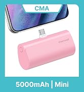Text reads 'CMA' and '5000mAh | Mini'. Pink cylindrical power bank with rounded rectangle shape displayed next to product packaging on blue background.