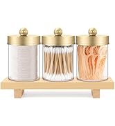 3 Pcs Qtip Holder,Gold Clear Apothecary Jars with Wooden Tray for Cotton Balls,Swabs,Farmhouse De...