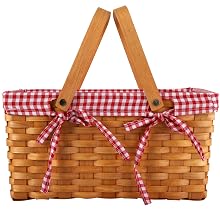 Picnic Basket Natural Woven Woodchip Basket with Double Folding Handles with Gingham Fabric