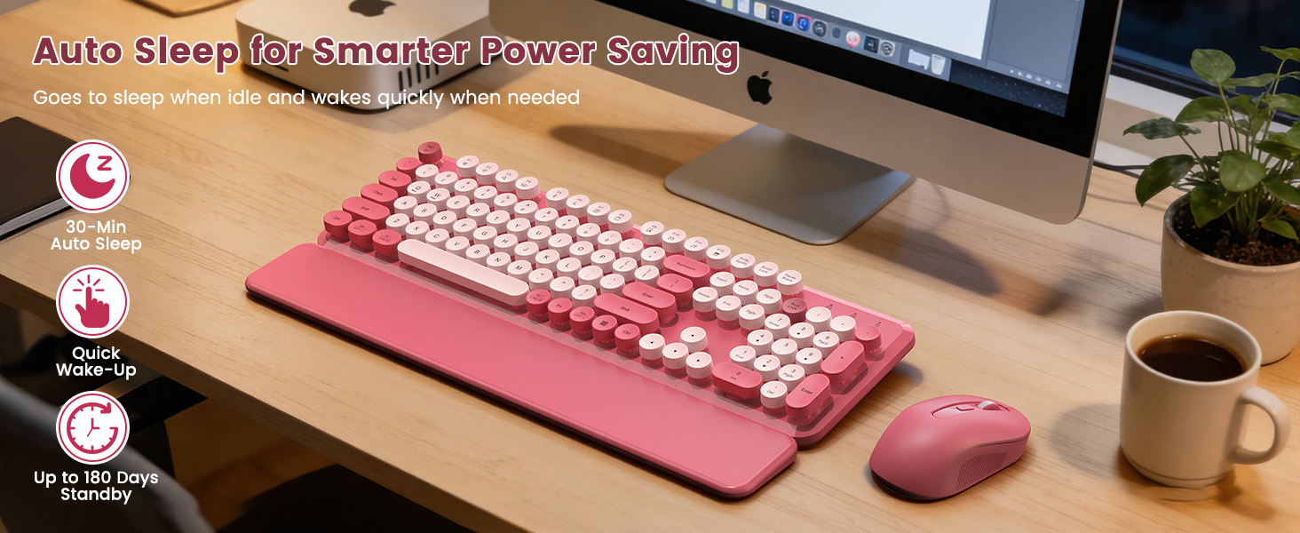 Pink retro keyboard and mouse with auto sleep mode for smarter power saving.