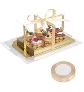 EUSOAR Gold Cupcake Boxes, 6 Pack Clear Muffins Pastry Container 6 Count with Gift Ribbon, Rectan...