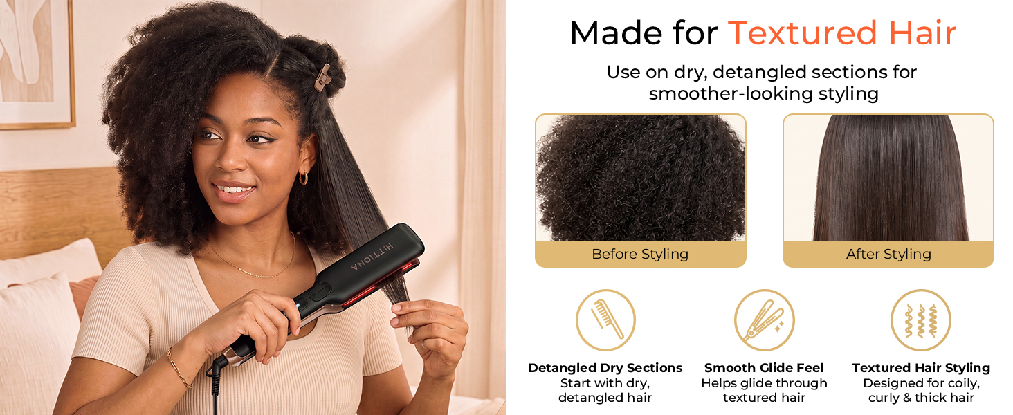 HITTIONA wide ceramic hair straightener for textured natural hair