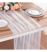 Mwellewm White Pearl Table Runner 120 Inch 10FT Wedding Table Decor White Tulle Gauze Fabric Lace...