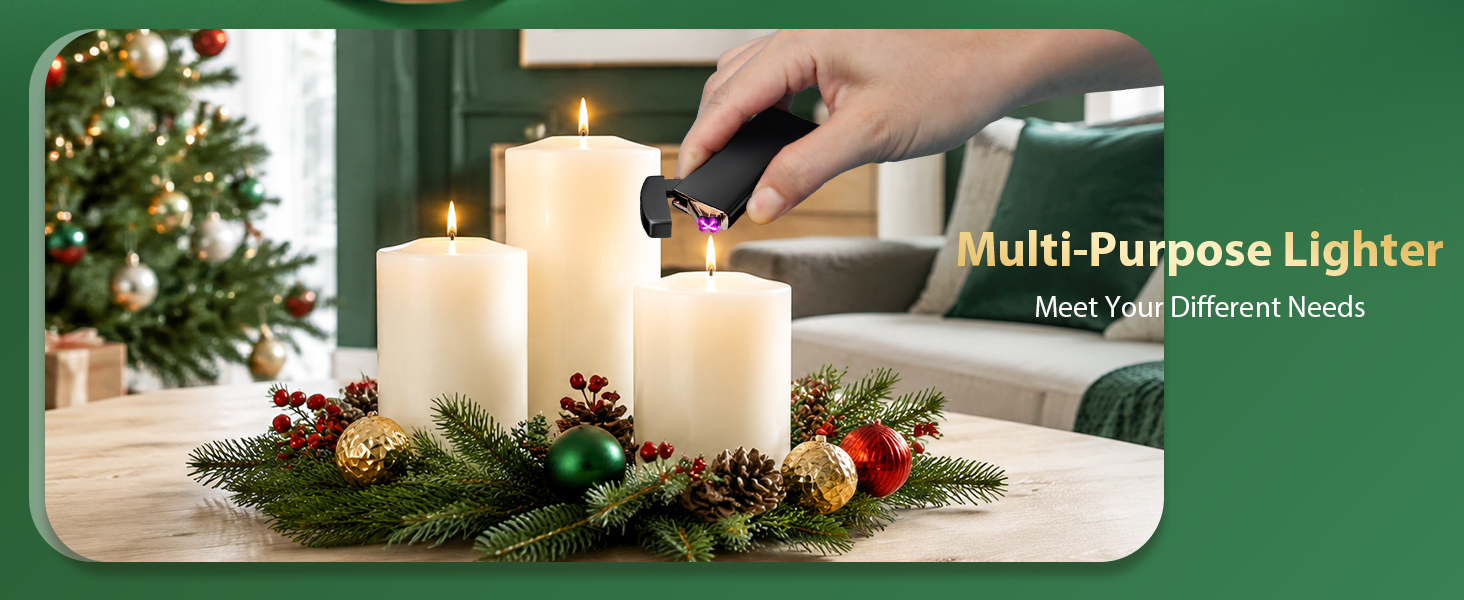 Text reads 'Multi-Purpose Lighter', 'Most For Different Needs'. Hand holding dark-colored lighter over lit candles in festive holiday tablescape with evergreen, ornaments, and natural decorations.