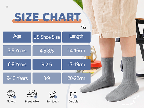 Kids Crew Cotton School Socks Youth Cute Casual Breathable Little Girls Boys Dress Socks 6 Pairs