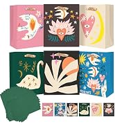qiqee Medium Paper Gift Bags with Tissue Paper Handles 6PCS Retro Abstract Cardboard Floral Gift ...
