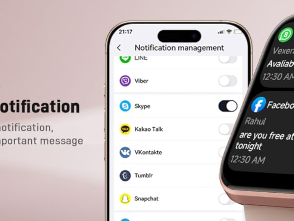 Smartwatch with rose gold case displaying message notifications. Adjacent smartphone screen shows notification management interface with app icons and toggle switches.