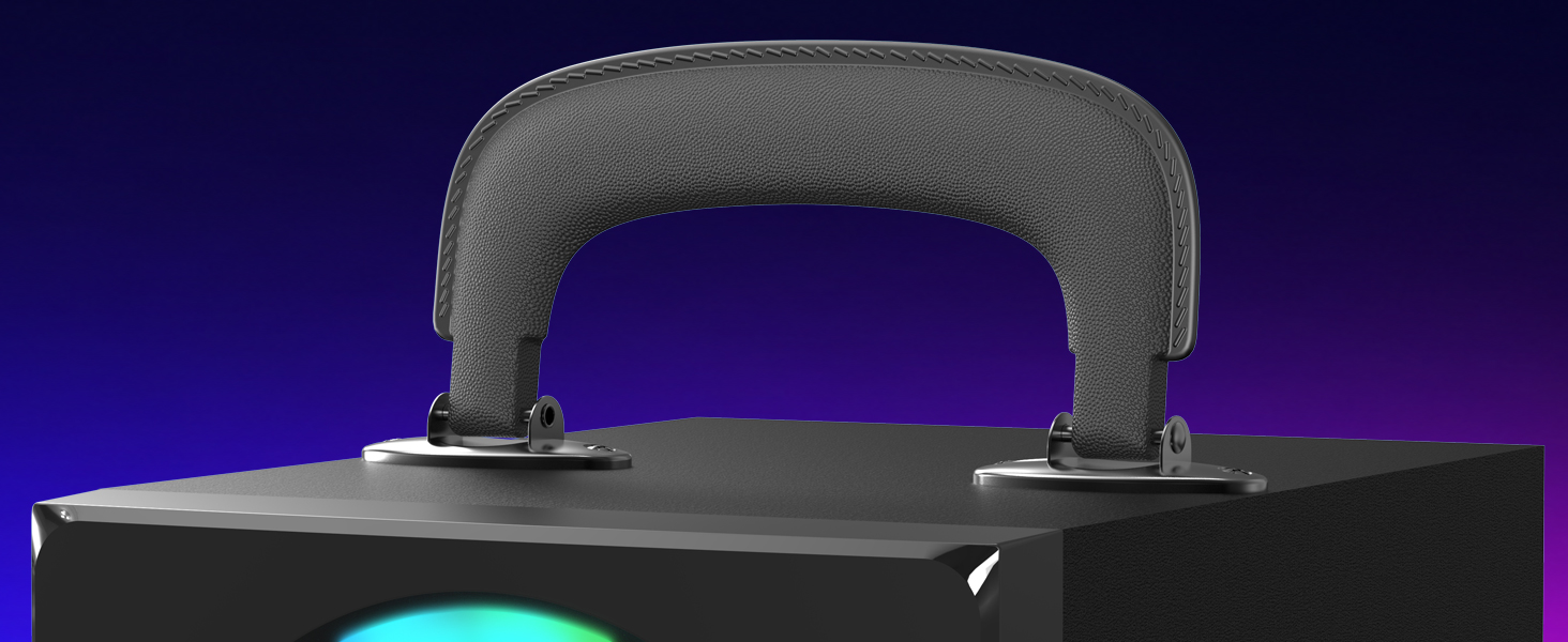 Close-up of a black textured carrying handle on a speaker against a blue and purple background.