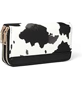 KAROMUS Cow Print Wallet for Women, Western Highland Cow Purse, Cowhide Cute Double Zippers Credi...