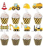Hooqict 48 Pack Construction Cupcake Toppers and Wrappers Excavator Dump Truck Tractor Birthday P...
