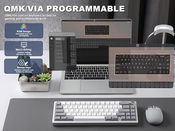 Text reads 'QMK/VIA PROGRAMMABLE'. Multiple keyboards and computer setups shown in a horizontal showcase featuring minimalist desk arrangements with mechanical keyboards.