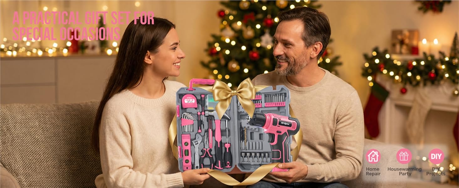 Pink Tool Set with 8V Drill Set. Complete Cordless & Rechargeable USB Electric Drill Driver Kit