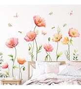 Large Pink Floral Wall Decals Poppy Flower Butterfly Wall Stickers Peel and Stick Autumn Floral W...