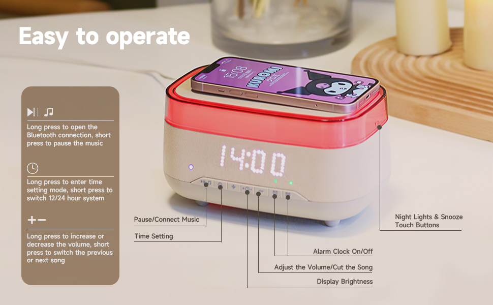 All-in-One Digital Alarm Clock with Bluetooth Speaker and 7-Color Night Light