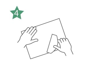 Simple line drawing of hands folding a square piece of paper, numbered step 4 in a green star.