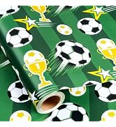 Yarcony Soccer Gift Wrapping Paper Roll, Elegant Soccer Player & Trophy Green Sports Gift Wrap fo...