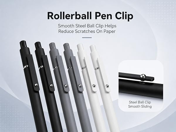 Gel pens with smooth steel ball clip, black gray and white barrels for notebooks and planners