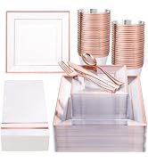Festiva 350Pcs Rose Gold Plastic Plates - Clear Rose Gold Disposable Dinnerware Sets for 50Guests...