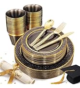 Nervure 150PCS Clear Black Plastic Plates - Gold Party Plates - Black and Gold Dinnerware Set Inc...