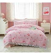 Holawakaka Ruffle Gingham Comforter Set Twin, Pink Ruffled Cherry Bow Plaid Bedding Set with Shee...