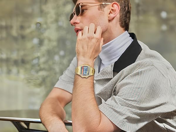Man wearing a gold-tone retro square digital watch, stainless steel bracelet easy-to-read display