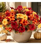 Artificial Fall Petunias for Outdoor, 4 Bundles Burgundy Yellow Gradient | 15.75'' UV Resistant F...