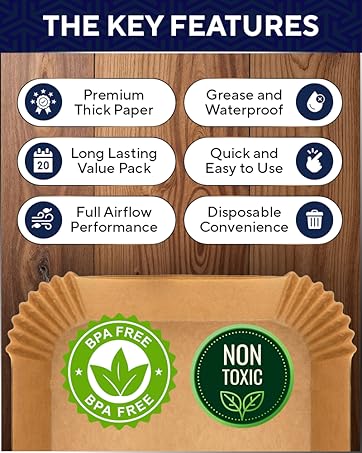 Premium BPA-free air fryer liner with waterproof paper and full airflow performance.