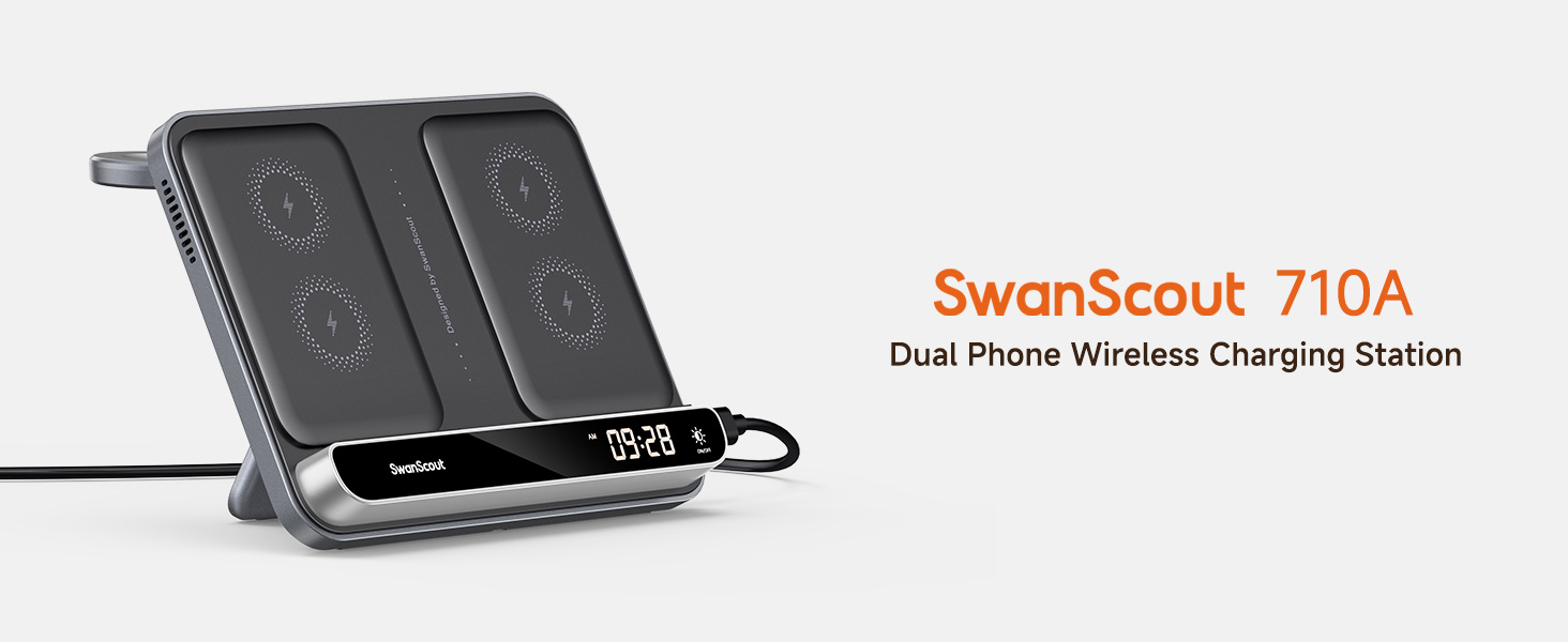 Text reads 'SwanScout 710A Dual Phone Wireless Charging Station'. Multiple views of a black rectangular charging device with digital display.