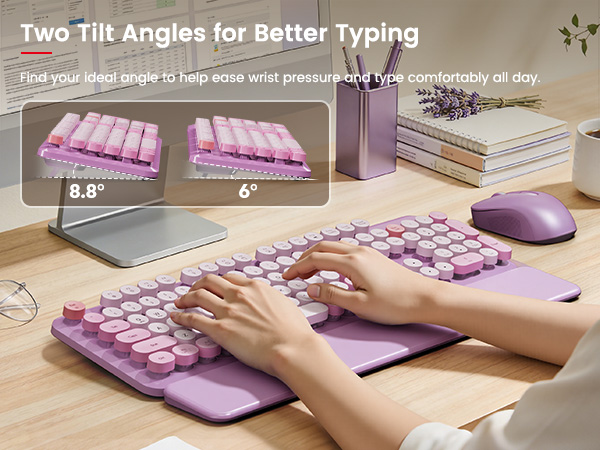 Two adjustable tilt angles (6° and 8.8°) help reduce wrist strain and improve typing comfort.