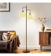 Stained Glass Floor Lamp with Dual Shades, Vintage Style Tall Standing Lamp for Living Room, Mode...