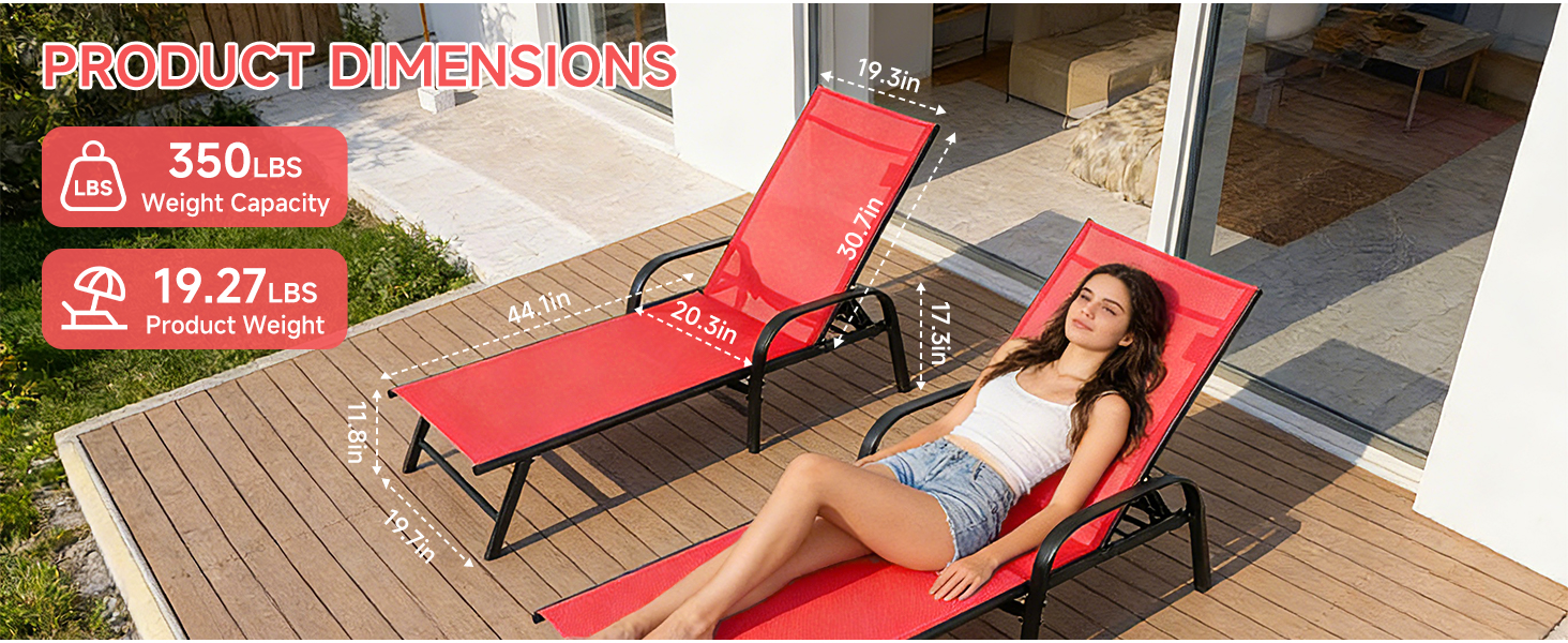 Chaise Lounge Chair, 5 Adjustable Beach Lounge Recliner Chair with Armrests, Outdoor