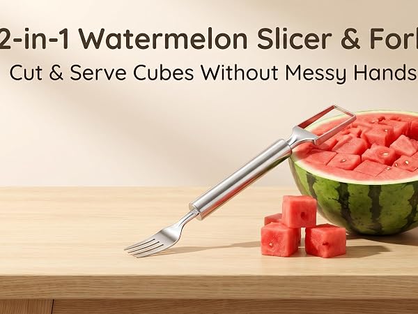 This slicer & fork combo keeps surfaces clean. Perfect for BBQs & potlucks.