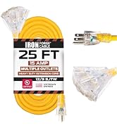 IRON FORGE CABLE 25 Foot Lighted Outdoor Extension Cord with 3 Electrical Power Outlets - 12/3 SJ...