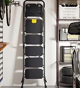 Foldable ladder stored in garage setting next to parked car, with text highlighting storage functionality.